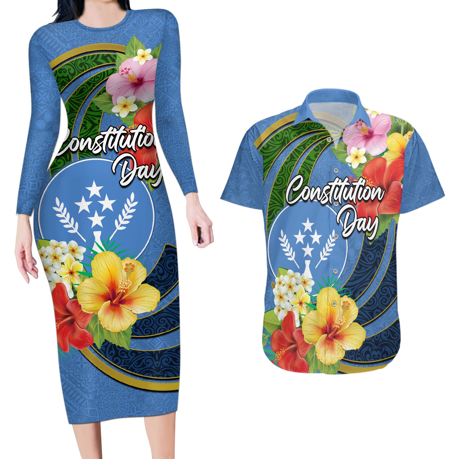 Kosrae Constitution Day Couples Matching Long Sleeve Bodycon Dress and Hawaiian Shirt Hibiscus Mix Maori Tattoo Pattern LT03 Blue - Polynesian Pride