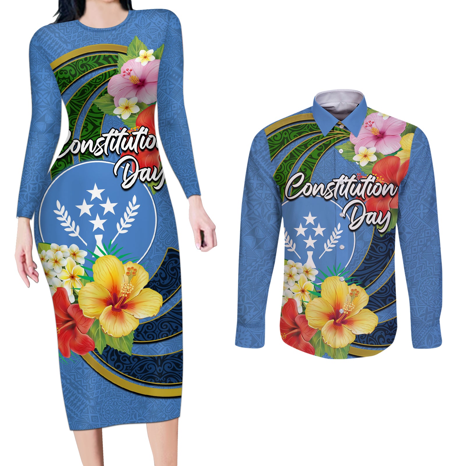 Kosrae Constitution Day Couples Matching Long Sleeve Bodycon Dress and Long Sleeve Button Shirt Hibiscus Mix Maori Tattoo Pattern LT03 Blue - Polynesian Pride