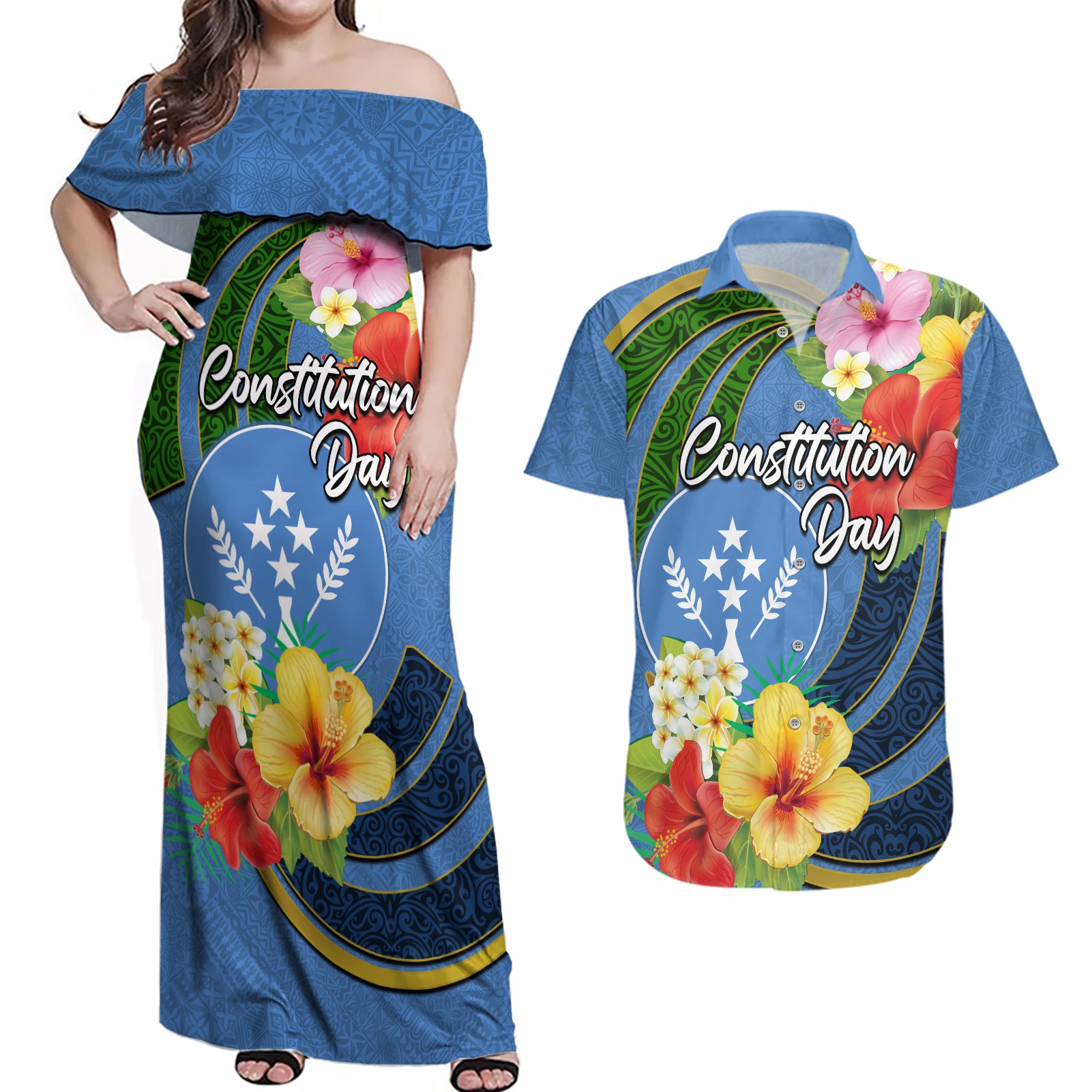 Kosrae Constitution Day Couples Matching Off Shoulder Maxi Dress and Hawaiian Shirt Hibiscus Mix Maori Tattoo Pattern LT03 Blue - Polynesian Pride