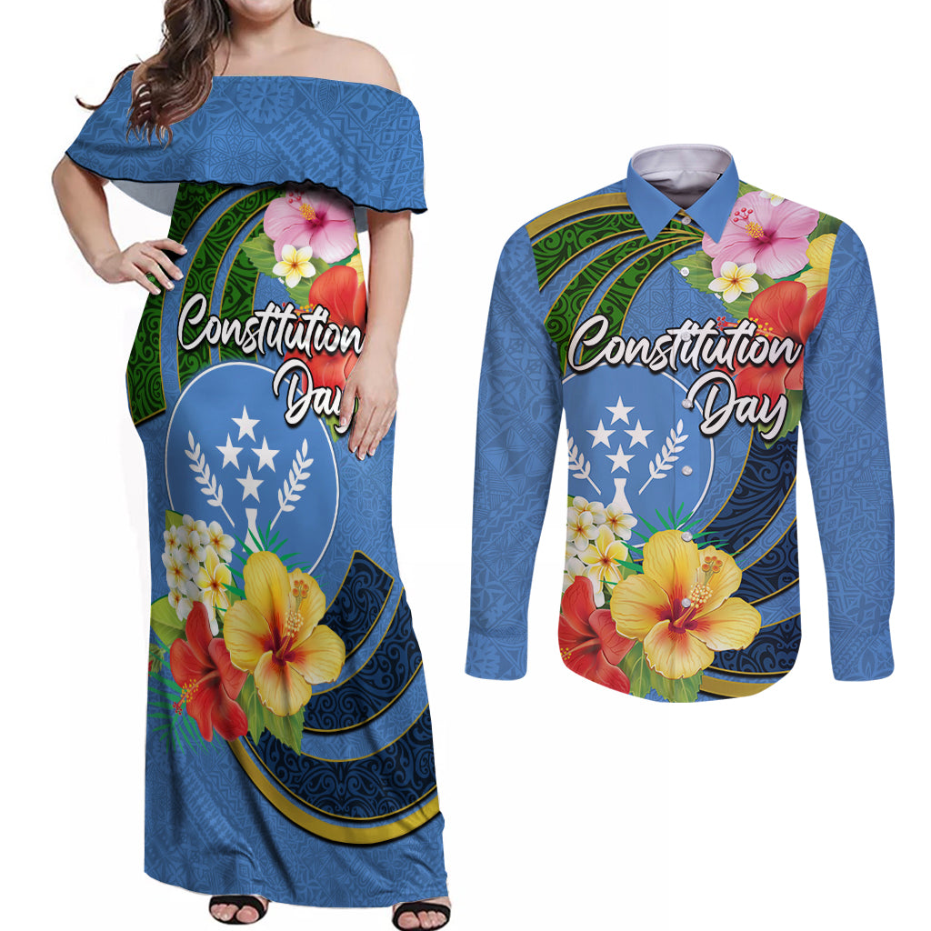 Kosrae Constitution Day Couples Matching Off Shoulder Maxi Dress and Long Sleeve Button Shirt Hibiscus Mix Maori Tattoo Pattern LT03 Blue - Polynesian Pride