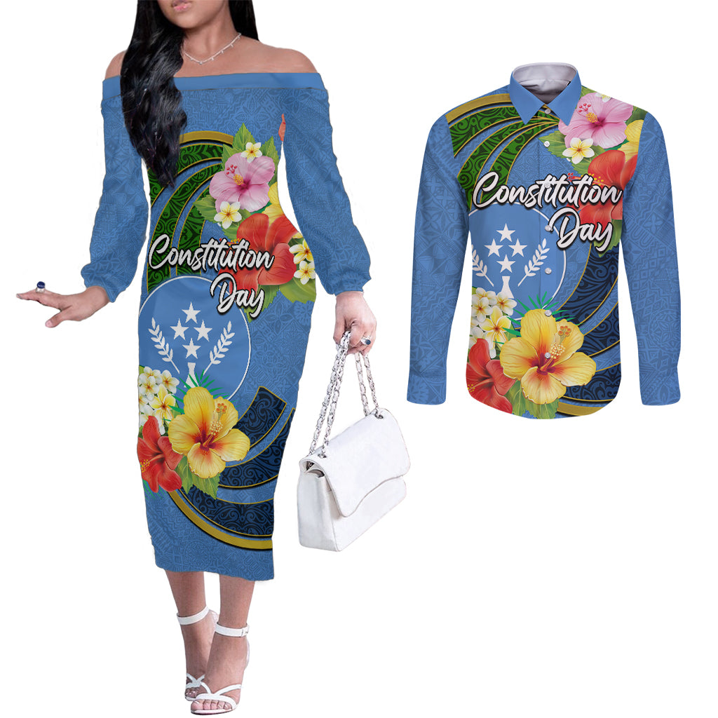 Kosrae Constitution Day Couples Matching Off The Shoulder Long Sleeve Dress and Long Sleeve Button Shirt Hibiscus Mix Maori Tattoo Pattern LT03 Blue - Polynesian Pride