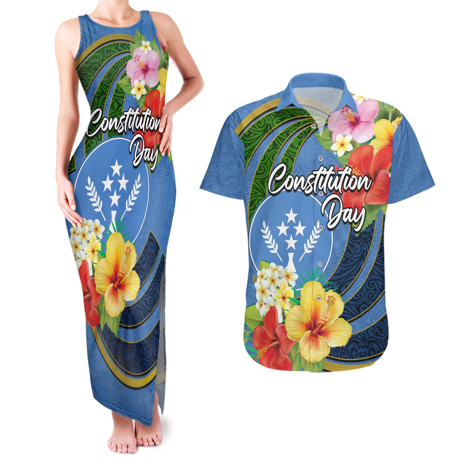 Kosrae Constitution Day Couples Matching Tank Maxi Dress and Hawaiian Shirt Hibiscus Mix Maori Tattoo Pattern LT03 Blue - Polynesian Pride