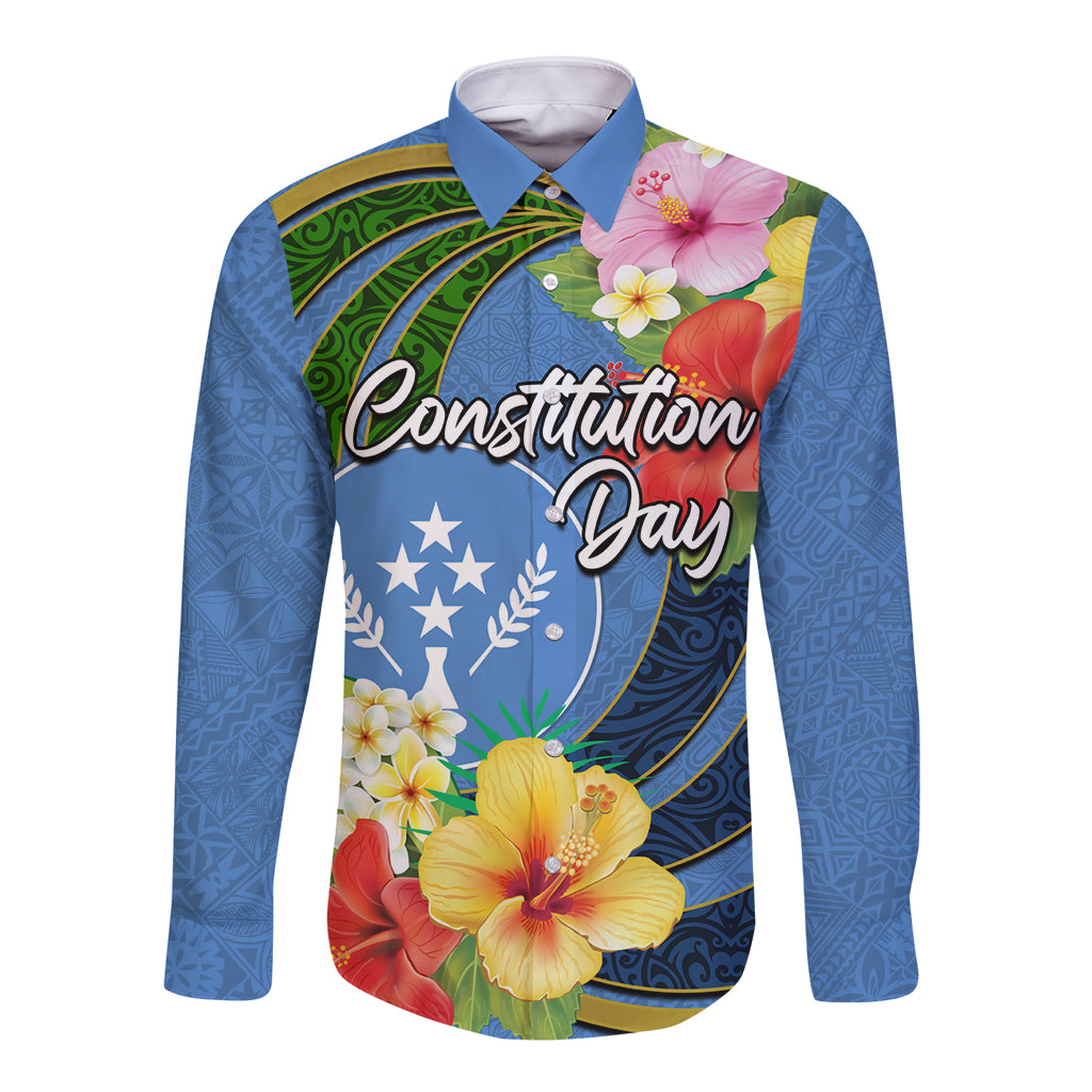 Kosrae Constitution Day Long Sleeve Button Shirt Hibiscus Mix Maori Tattoo Pattern LT03 Unisex Blue - Polynesian Pride