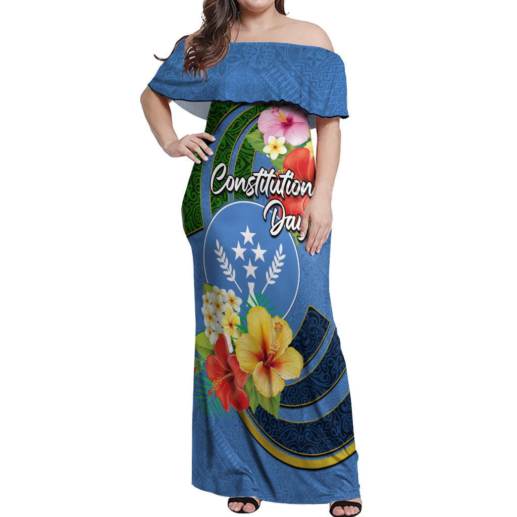 Kosrae Constitution Day Off Shoulder Maxi Dress Hibiscus Mix Maori Tattoo Pattern LT03 Women Blue - Polynesian Pride