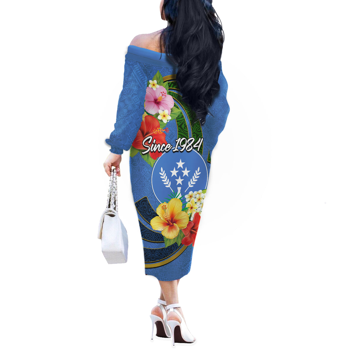 Kosrae Constitution Day Off The Shoulder Long Sleeve Dress Hibiscus Mix Maori Tattoo Pattern LT03 - Polynesian Pride