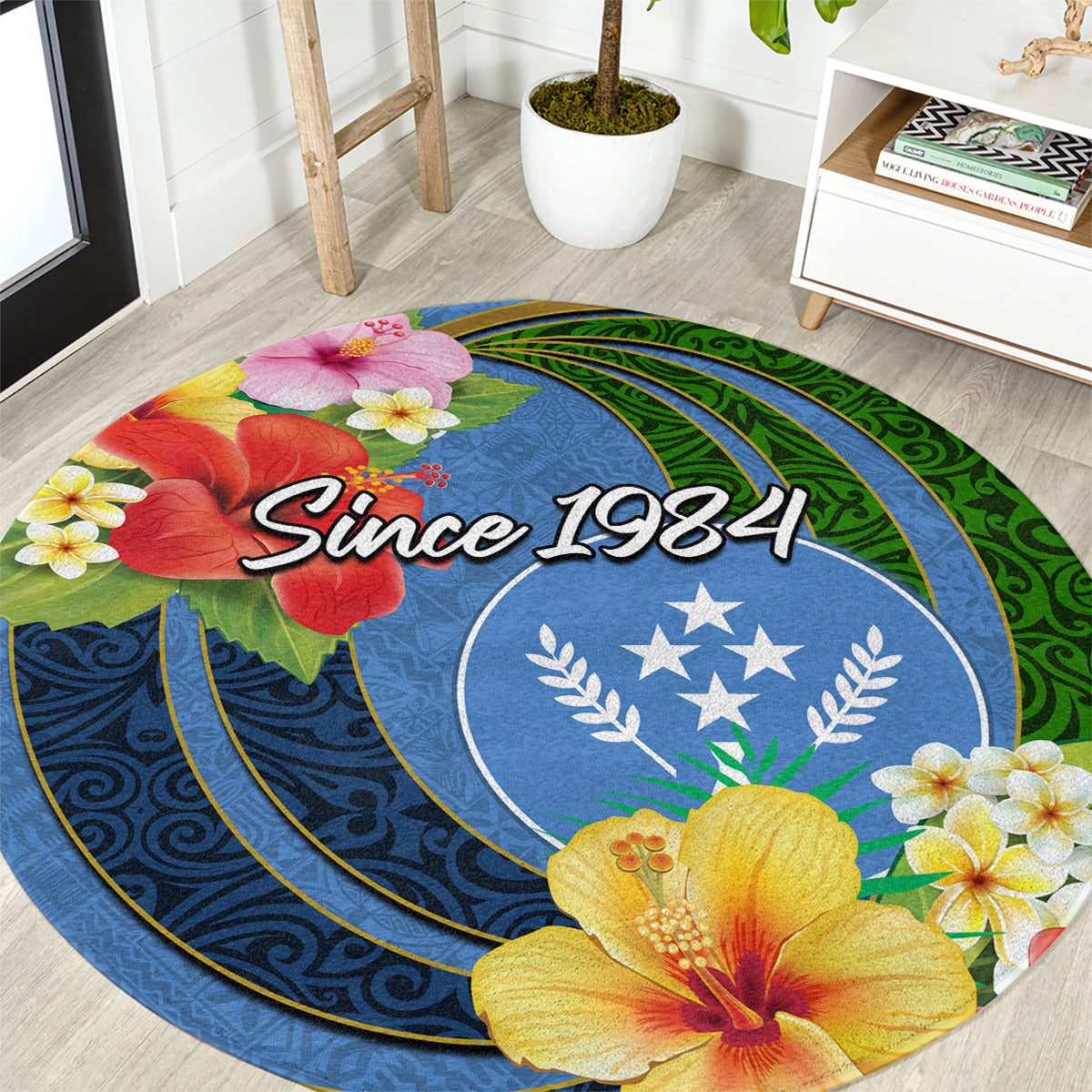 Kosrae Constitution Day Round Carpet Hibiscus Mix Maori Tattoo Pattern LT03 Blue - Polynesian Pride