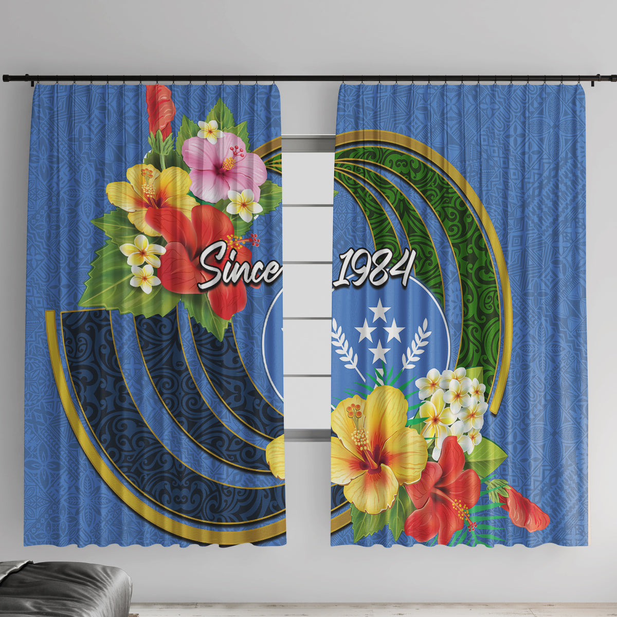 Kosrae Constitution Day Window Curtain Hibiscus Mix Maori Tattoo Pattern LT03 With Hooks Blue - Polynesian Pride