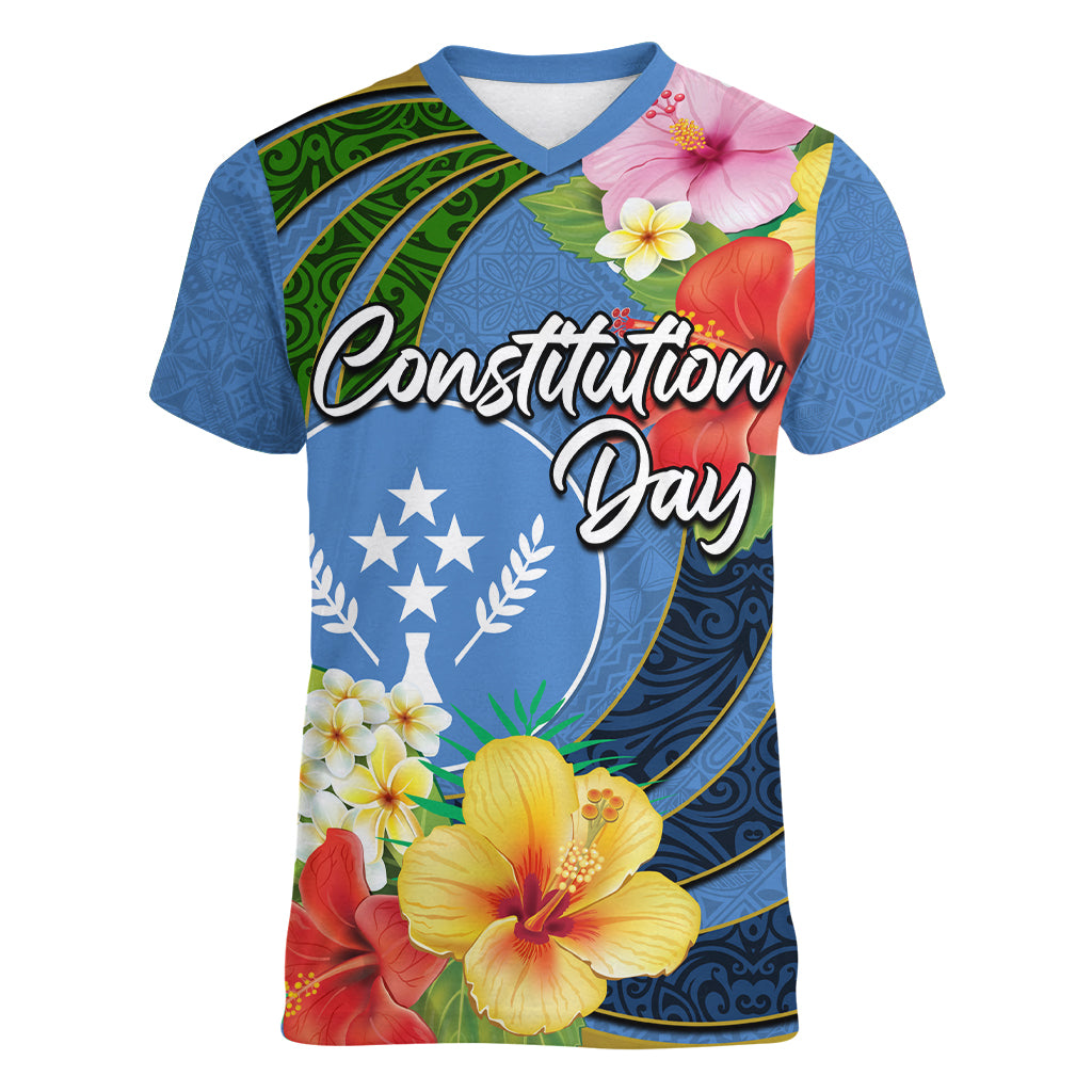 Kosrae Constitution Day Women V Neck T Shirt Hibiscus Mix Maori Tattoo Pattern LT03 Female Blue - Polynesian Pride