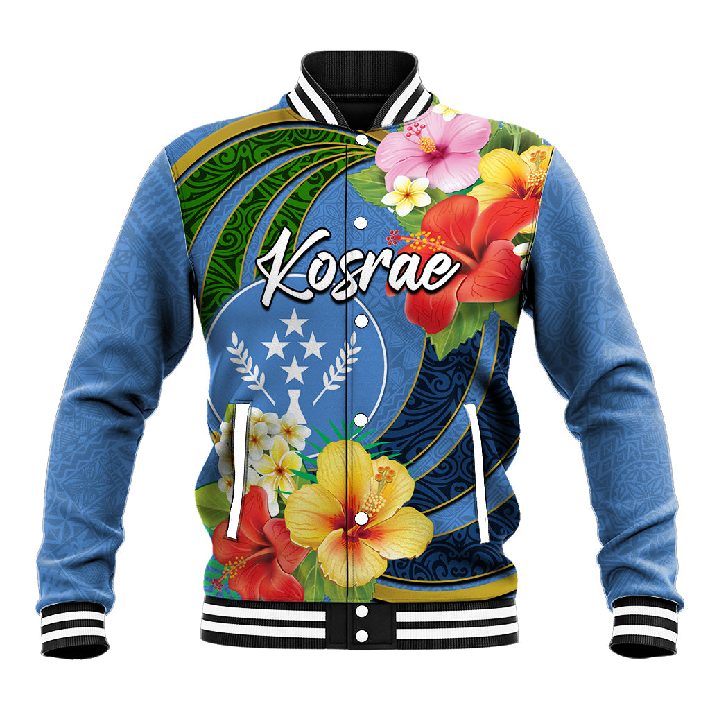 Kosrae Baseball Jacket Hibiscus Mix Maori Tattoo Pattern LT03 Unisex Blue - Polynesian Pride