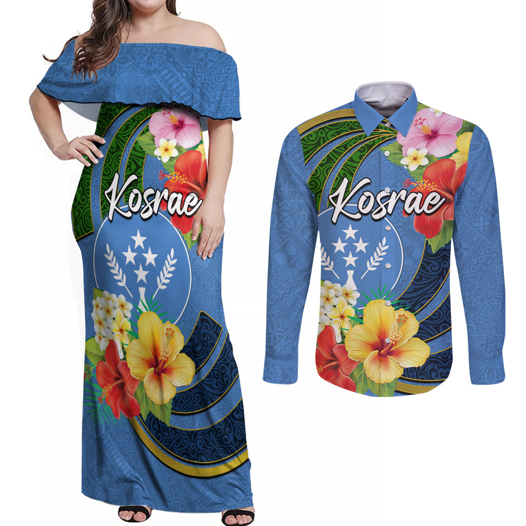 Kosrae Couples Matching Off Shoulder Maxi Dress and Long Sleeve Button Shirt Hibiscus Mix Maori Tattoo Pattern LT03 Blue - Polynesian Pride