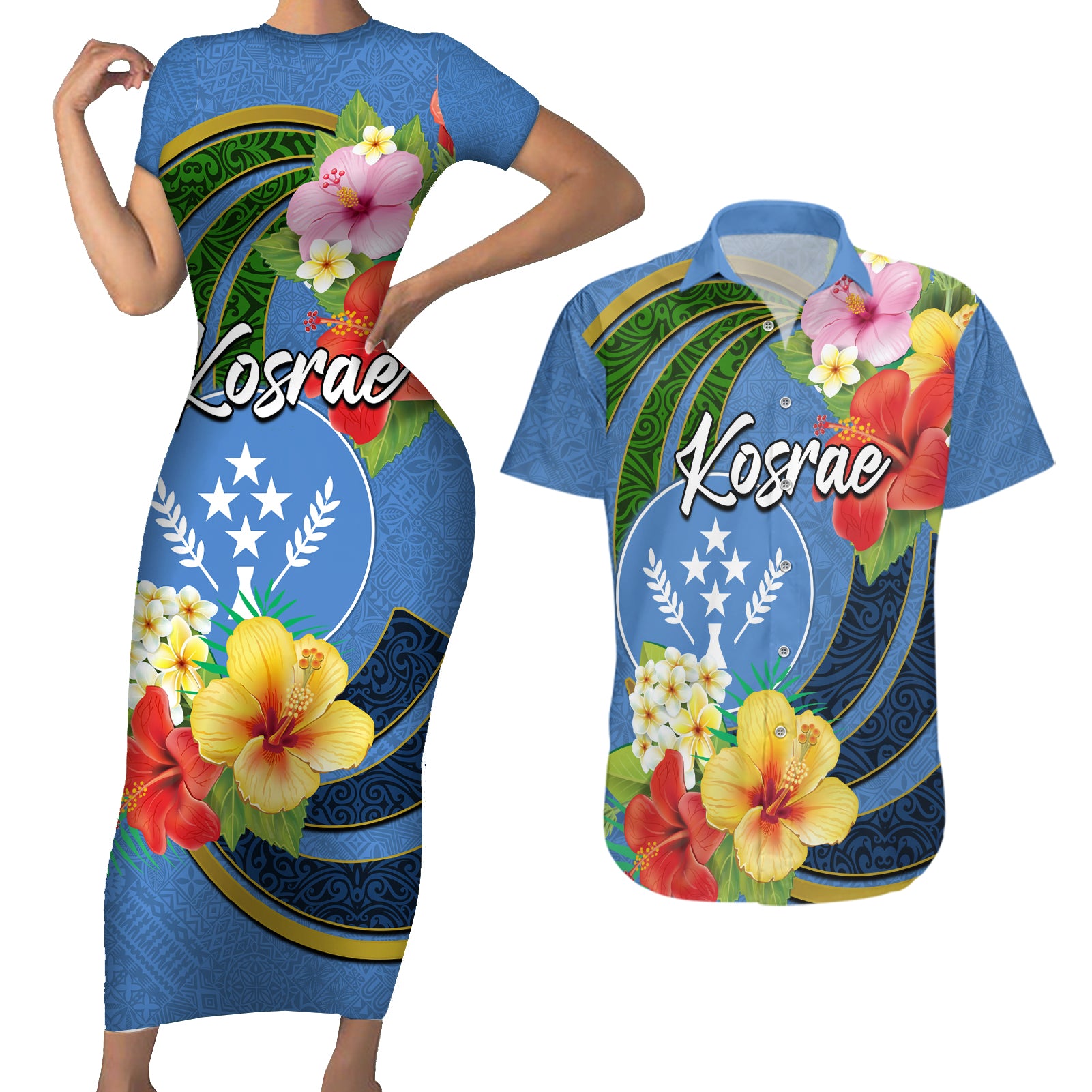 Kosrae Couples Matching Short Sleeve Bodycon Dress and Hawaiian Shirt Hibiscus Mix Maori Tattoo Pattern LT03 Blue - Polynesian Pride