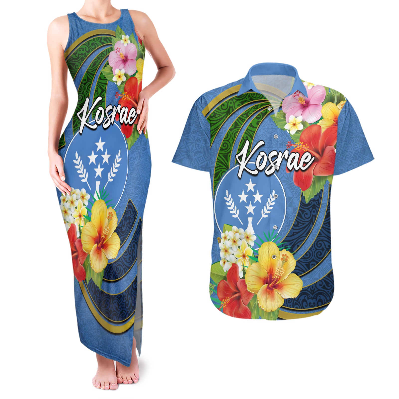 Kosrae Couples Matching Tank Maxi Dress and Hawaiian Shirt Hibiscus Mix Maori Tattoo Pattern LT03 Blue - Polynesian Pride