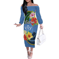 Kosrae Family Matching Off Shoulder Long Sleeve Dress and Hawaiian Shirt Hibiscus Mix Maori Tattoo Pattern LT03 Mom's Dress Blue - Polynesian Pride