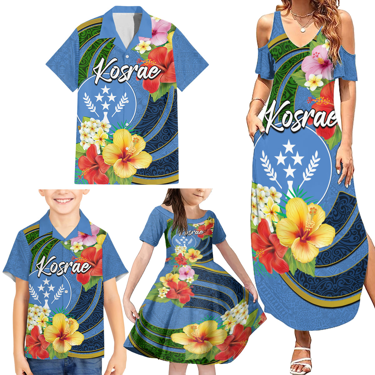 Kosrae Family Matching Summer Maxi Dress and Hawaiian Shirt Hibiscus Mix Maori Tattoo Pattern LT03 - Polynesian Pride