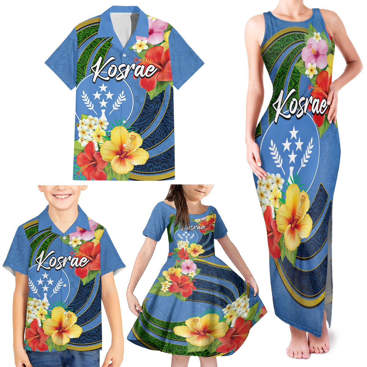 Kosrae Family Matching Tank Maxi Dress and Hawaiian Shirt Hibiscus Mix Maori Tattoo Pattern LT03 - Polynesian Pride