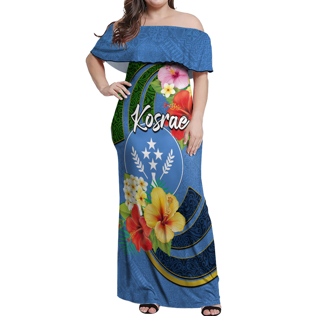 Kosrae Off Shoulder Maxi Dress Hibiscus Mix Maori Tattoo Pattern LT03 Women Blue - Polynesian Pride