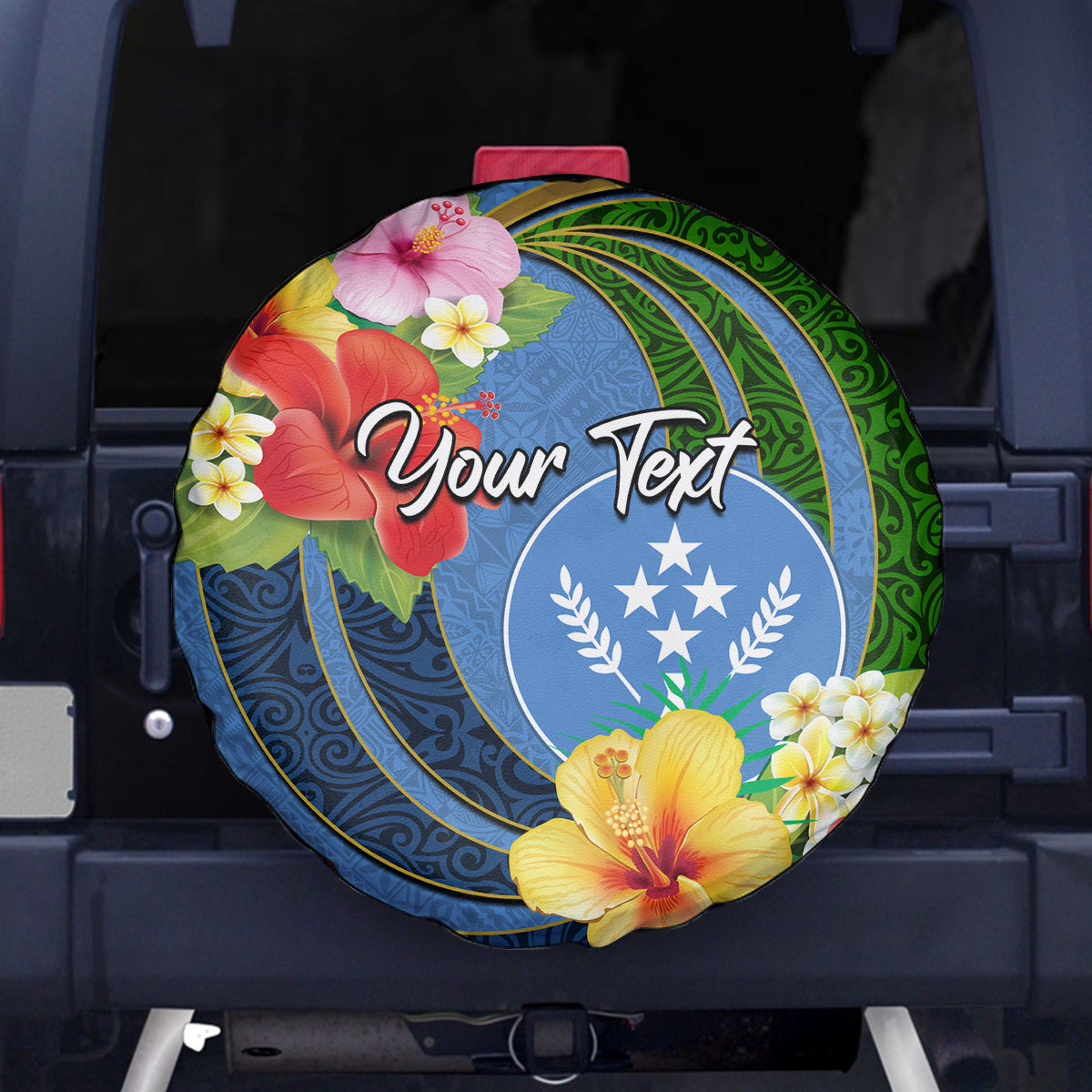 Kosrae Spare Tire Cover Hibiscus Mix Maori Tattoo Pattern LT03 Blue - Polynesian Pride