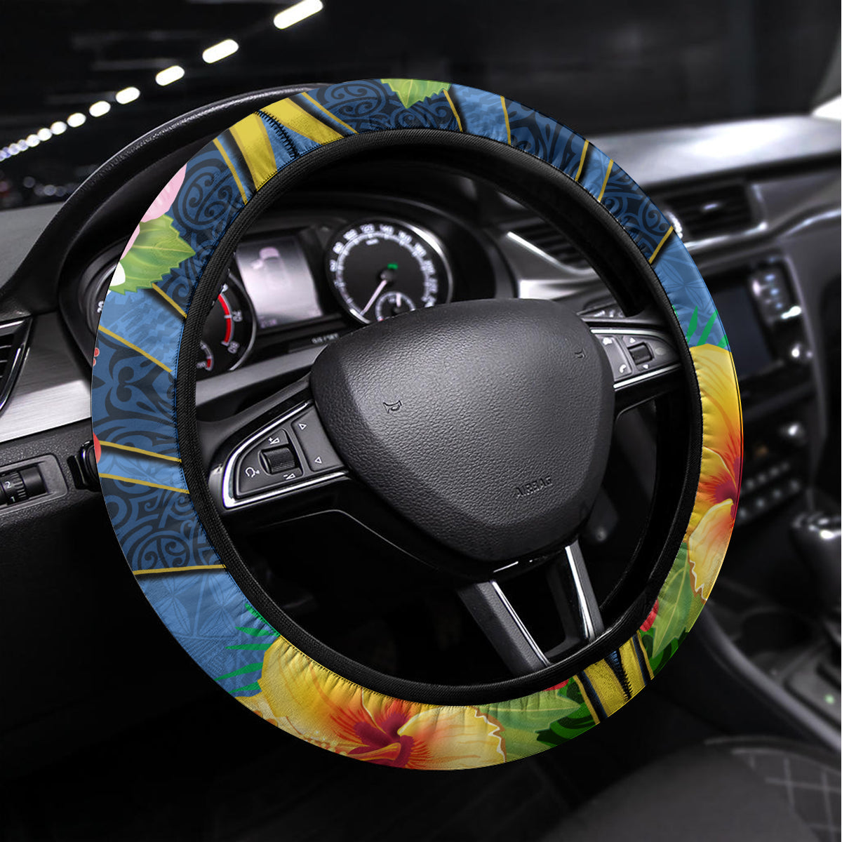 Kosrae Steering Wheel Cover Hibiscus Mix Maori Tattoo Pattern LT03 Universal Fit Blue - Polynesian Pride