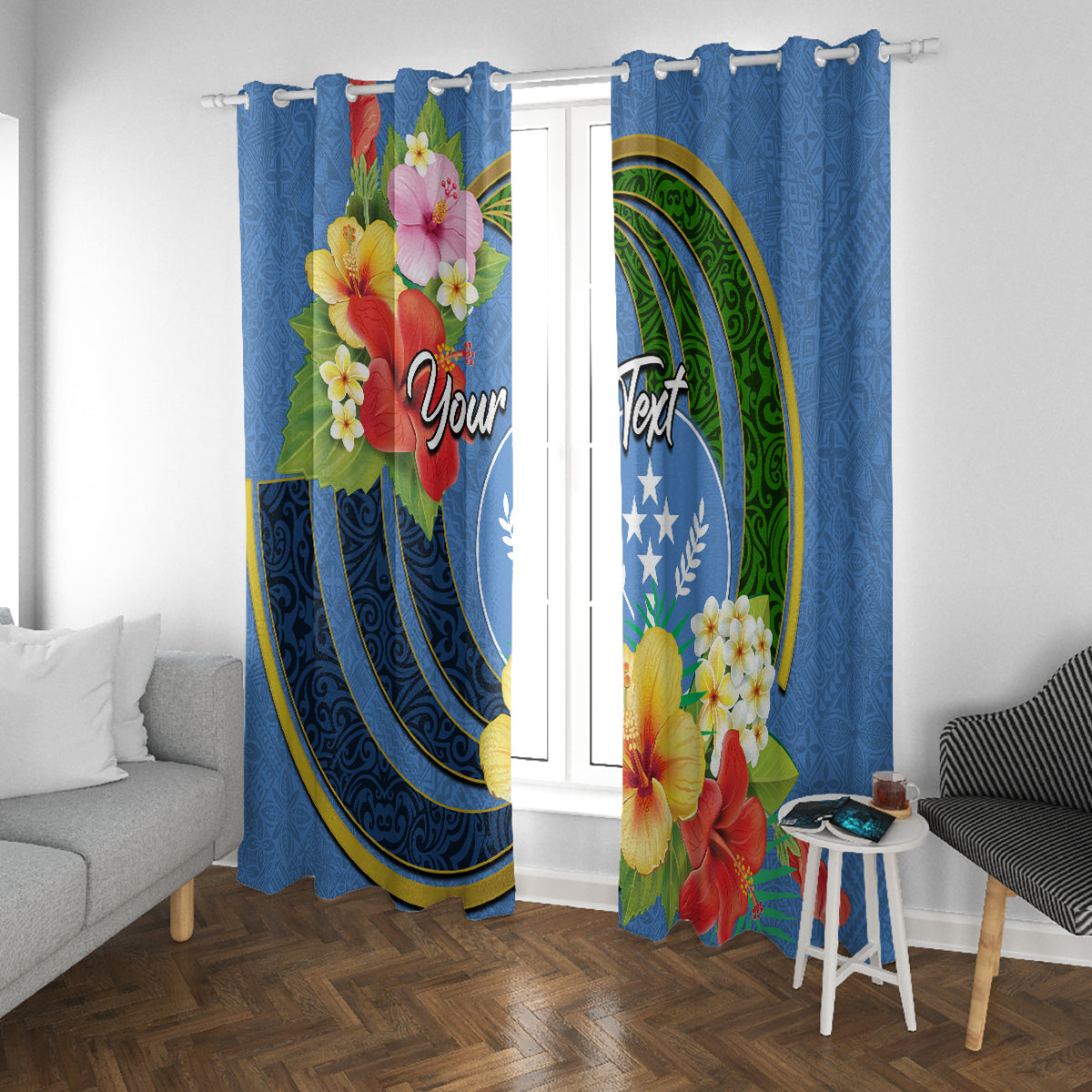 Kosrae Window Curtain Hibiscus Mix Maori Tattoo Pattern LT03 With Grommets Blue - Polynesian Pride