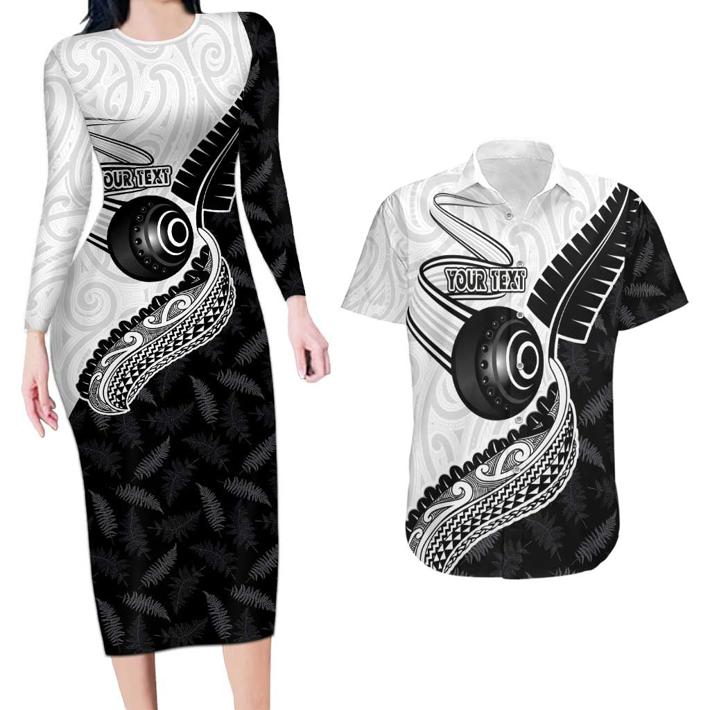 Personalised Aotearoa Lawn Bowls Couples Matching Long Sleeve Bodycon Dress and Hawaiian Shirt Maori and Silver Fern Half Style LT03 White - Polynesian Pride