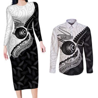 Personalised Aotearoa Lawn Bowls Couples Matching Long Sleeve Bodycon Dress and Long Sleeve Button Shirt Maori and Silver Fern Half Style LT03 White - Polynesian Pride