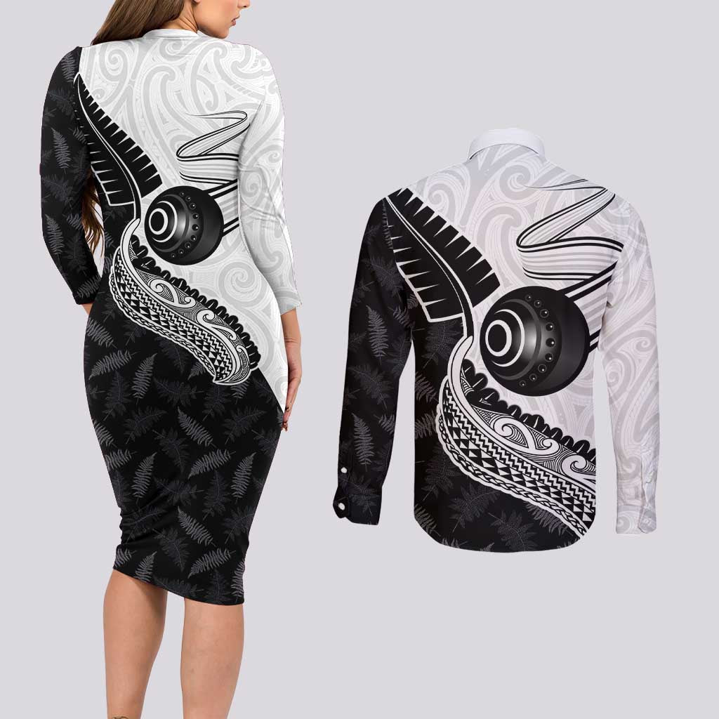 Personalised Aotearoa Lawn Bowls Couples Matching Long Sleeve Bodycon Dress and Long Sleeve Button Shirt Maori and Silver Fern Half Style LT03 - Polynesian Pride