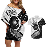 Personalised Aotearoa Lawn Bowls Couples Matching Off Shoulder Short Dress and Hawaiian Shirt Maori and Silver Fern Half Style LT03 White - Polynesian Pride