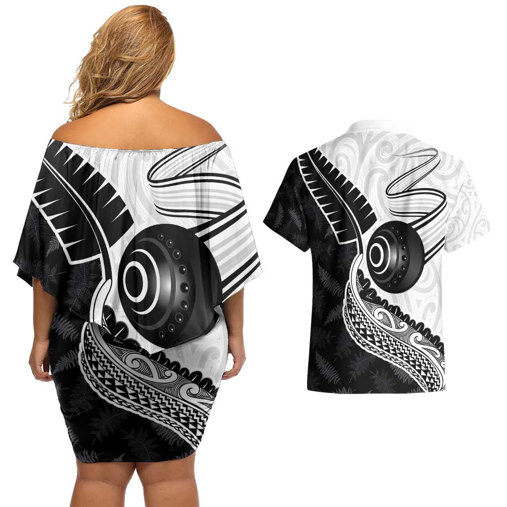 Personalised Aotearoa Lawn Bowls Couples Matching Off Shoulder Short Dress and Hawaiian Shirt Maori and Silver Fern Half Style LT03 - Polynesian Pride