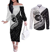 Personalised Aotearoa Lawn Bowls Couples Matching Off The Shoulder Long Sleeve Dress and Long Sleeve Button Shirt Maori and Silver Fern Half Style LT03 White - Polynesian Pride