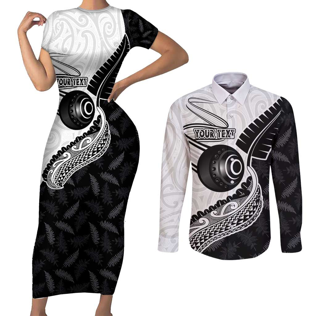 Personalised Aotearoa Lawn Bowls Couples Matching Short Sleeve Bodycon Dress and Long Sleeve Button Shirt Maori and Silver Fern Half Style LT03 White - Polynesian Pride