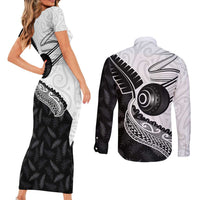 Personalised Aotearoa Lawn Bowls Couples Matching Short Sleeve Bodycon Dress and Long Sleeve Button Shirt Maori and Silver Fern Half Style LT03 - Polynesian Pride
