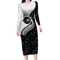 Personalised Aotearoa Lawn Bowls Family Matching Long Sleeve Bodycon Dress and Hawaiian Shirt Maori and Silver Fern Half Style LT03 Mom's Dress White - Polynesian Pride