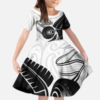 Personalised Aotearoa Lawn Bowls Family Matching Mermaid Dress and Hawaiian Shirt Maori and Silver Fern Half Style LT03 Daughter's Dress White - Polynesian Pride