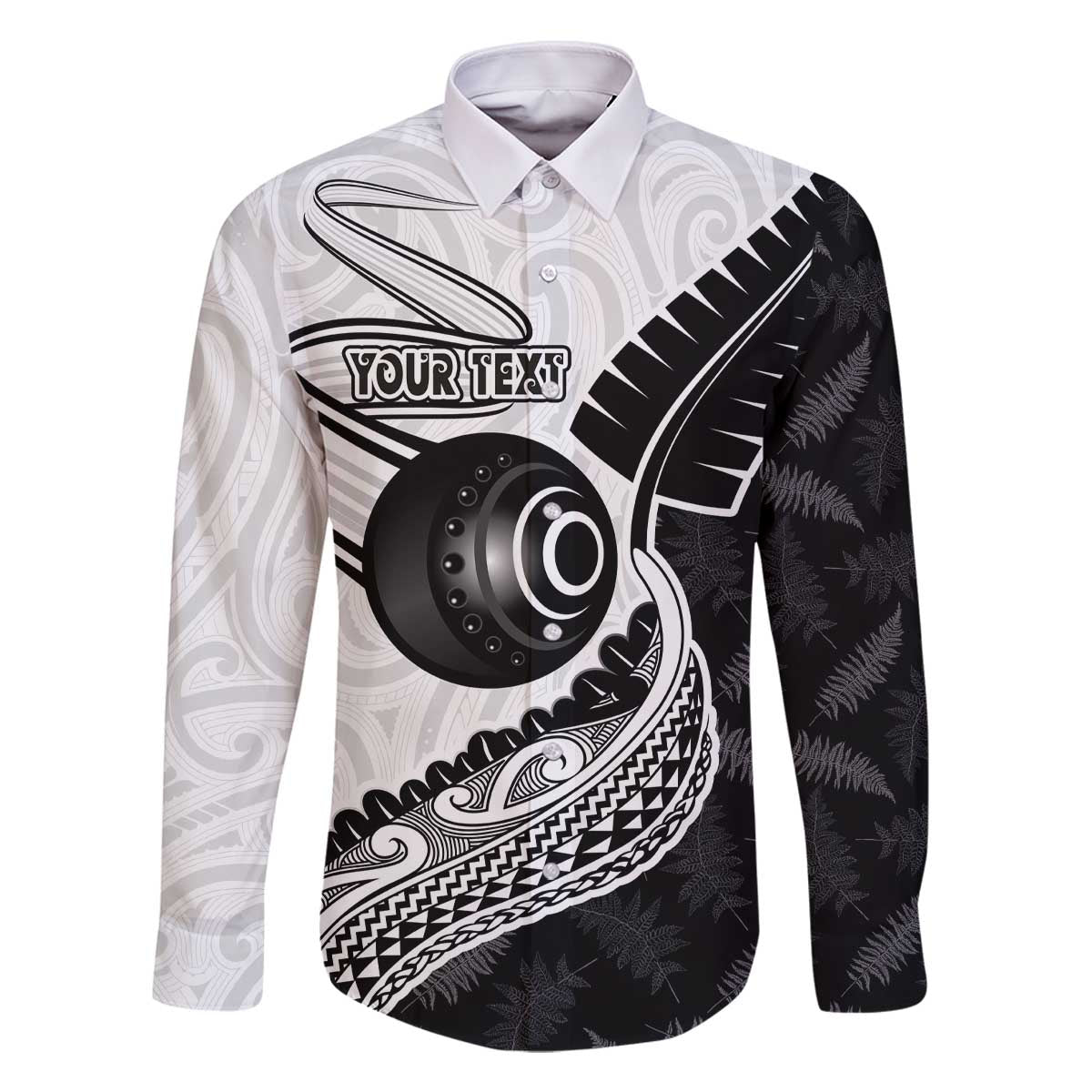 Personalised Aotearoa Lawn Bowls Family Matching Off The Shoulder Long Sleeve Dress and Hawaiian Shirt Maori and Silver Fern Half Style LT03 Dad's Shirt - Long Sleeve White - Polynesian Pride
