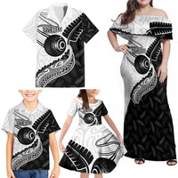 Personalised Aotearoa Lawn Bowls Family Matching Off Shoulder Maxi Dress and Hawaiian Shirt Maori and Silver Fern Half Style LT03 - Polynesian Pride