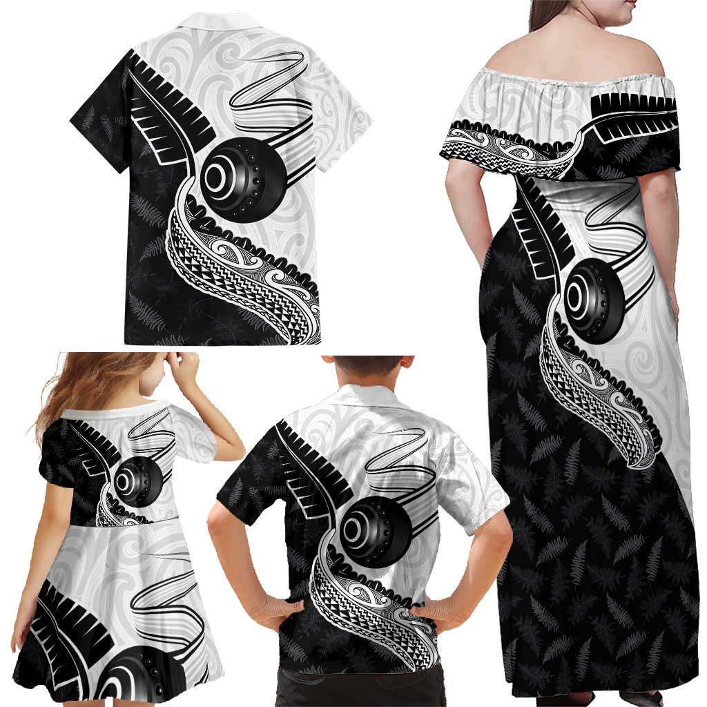 Personalised Aotearoa Lawn Bowls Family Matching Off Shoulder Maxi Dress and Hawaiian Shirt Maori and Silver Fern Half Style LT03 - Polynesian Pride