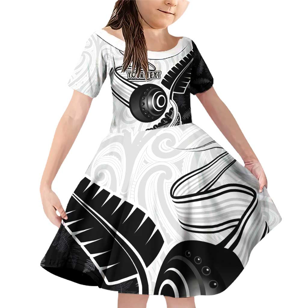 Personalised Aotearoa Lawn Bowls Family Matching Off Shoulder Short Dress and Hawaiian Shirt Maori and Silver Fern Half Style LT03 Daughter's Dress White - Polynesian Pride