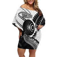 Personalised Aotearoa Lawn Bowls Family Matching Off Shoulder Short Dress and Hawaiian Shirt Maori and Silver Fern Half Style LT03 Mom's Dress White - Polynesian Pride