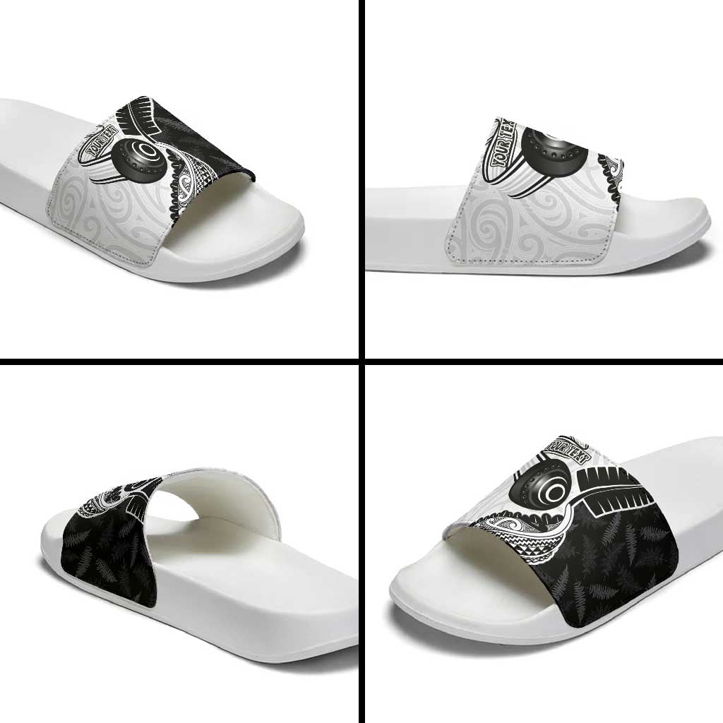 Personalised Aotearoa Lawn Bowls Slide Sandals Maori and Silver Fern Half Style LT03 - Polynesian Pride