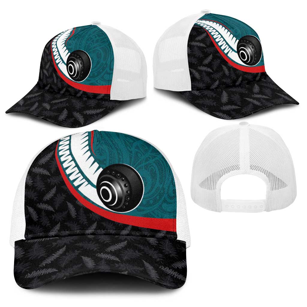 Aotearoa Lawn Bowls Baseball Net Cap Maori and Silver Fern Sporty Style Teal Color - Polynesian Pride