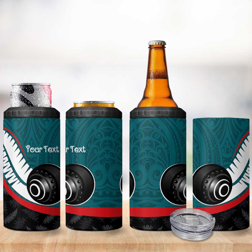 Personalised Aotearoa Lawn Bowls 4 in 1 Can Cooler Tumbler Maori and Silver Fern Sporty Style Teal Color LT03 - Polynesian Pride