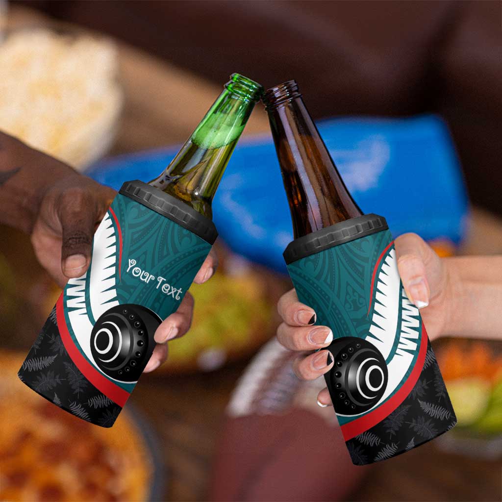 Personalised Aotearoa Lawn Bowls 4 in 1 Can Cooler Tumbler Maori and Silver Fern Sporty Style Teal Color LT03 - Polynesian Pride