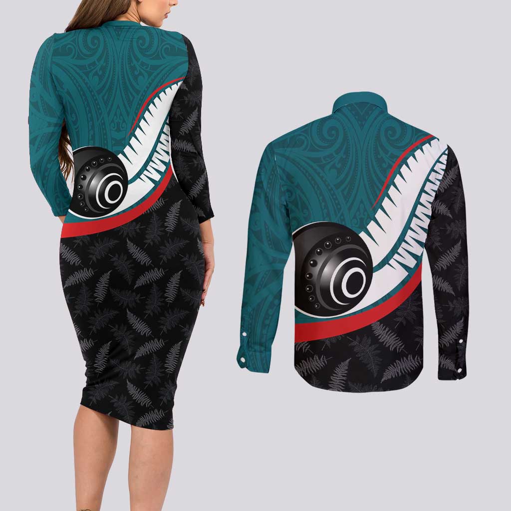 Personalised Aotearoa Lawn Bowls Couples Matching Long Sleeve Bodycon Dress and Long Sleeve Button Shirt Maori and Silver Fern Sporty Style Teal Color LT03 - Polynesian Pride