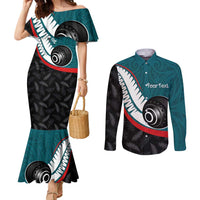 Personalised Aotearoa Lawn Bowls Couples Matching Mermaid Dress and Long Sleeve Button Shirt Maori and Silver Fern Sporty Style Teal Color LT03 Teal - Polynesian Pride