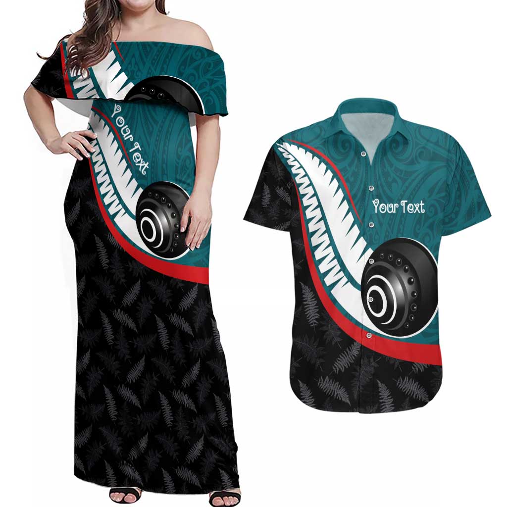 Personalised Aotearoa Lawn Bowls Couples Matching Off Shoulder Maxi Dress and Hawaiian Shirt Maori and Silver Fern Sporty Style Teal Color LT03 Teal - Polynesian Pride