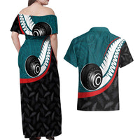 Personalised Aotearoa Lawn Bowls Couples Matching Off Shoulder Maxi Dress and Hawaiian Shirt Maori and Silver Fern Sporty Style Teal Color LT03 - Polynesian Pride