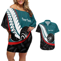 Personalised Aotearoa Lawn Bowls Couples Matching Off Shoulder Short Dress and Hawaiian Shirt Maori and Silver Fern Sporty Style Teal Color LT03 Teal - Polynesian Pride