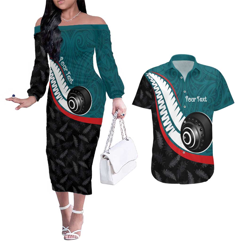 Personalised Aotearoa Lawn Bowls Couples Matching Off The Shoulder Long Sleeve Dress and Hawaiian Shirt Maori and Silver Fern Sporty Style Teal Color LT03 Teal - Polynesian Pride