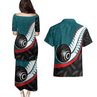 Personalised Aotearoa Lawn Bowls Couples Matching Puletasi and Hawaiian Shirt Maori and Silver Fern Sporty Style Teal Color LT03 - Polynesian Pride