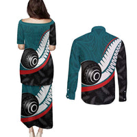 Personalised Aotearoa Lawn Bowls Couples Matching Puletasi and Long Sleeve Button Shirt Maori and Silver Fern Sporty Style Teal Color LT03 - Polynesian Pride